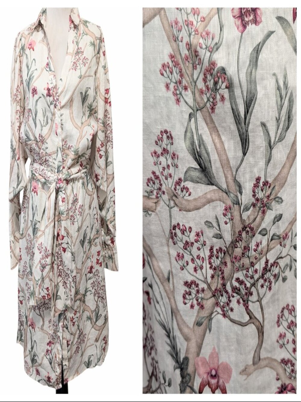 Johanna Ortiz x HM Womens Sz M Botanical 100% Linen Sash Tie Button Shirt Dress